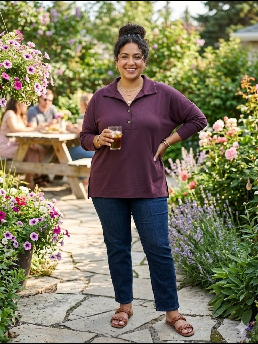 Pure Jill Tranquility Burgundy Fleece Henley Pullover Comfort